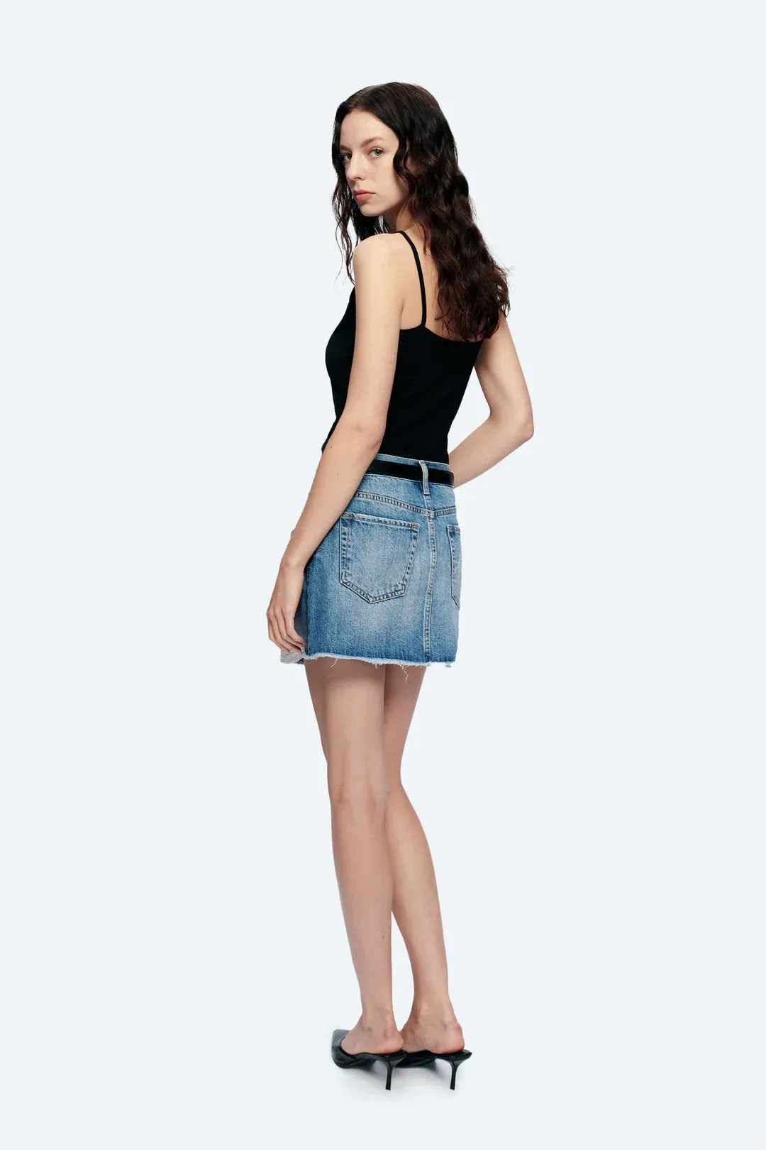 Bayeas Anna Distressed Mini Denim Skirt  Medium Blue