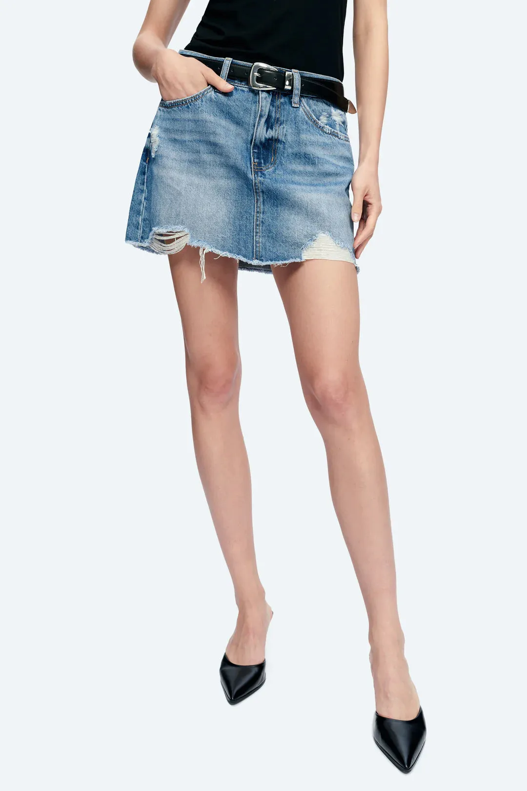 Bayeas Anna Distressed Mini Denim Skirt  Medium Blue