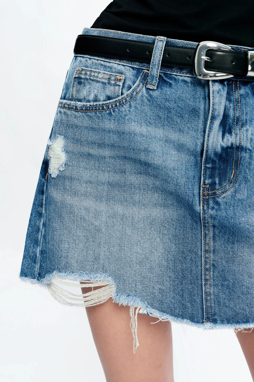 Bayeas Anna Distressed Mini Denim Skirt  Medium Blue