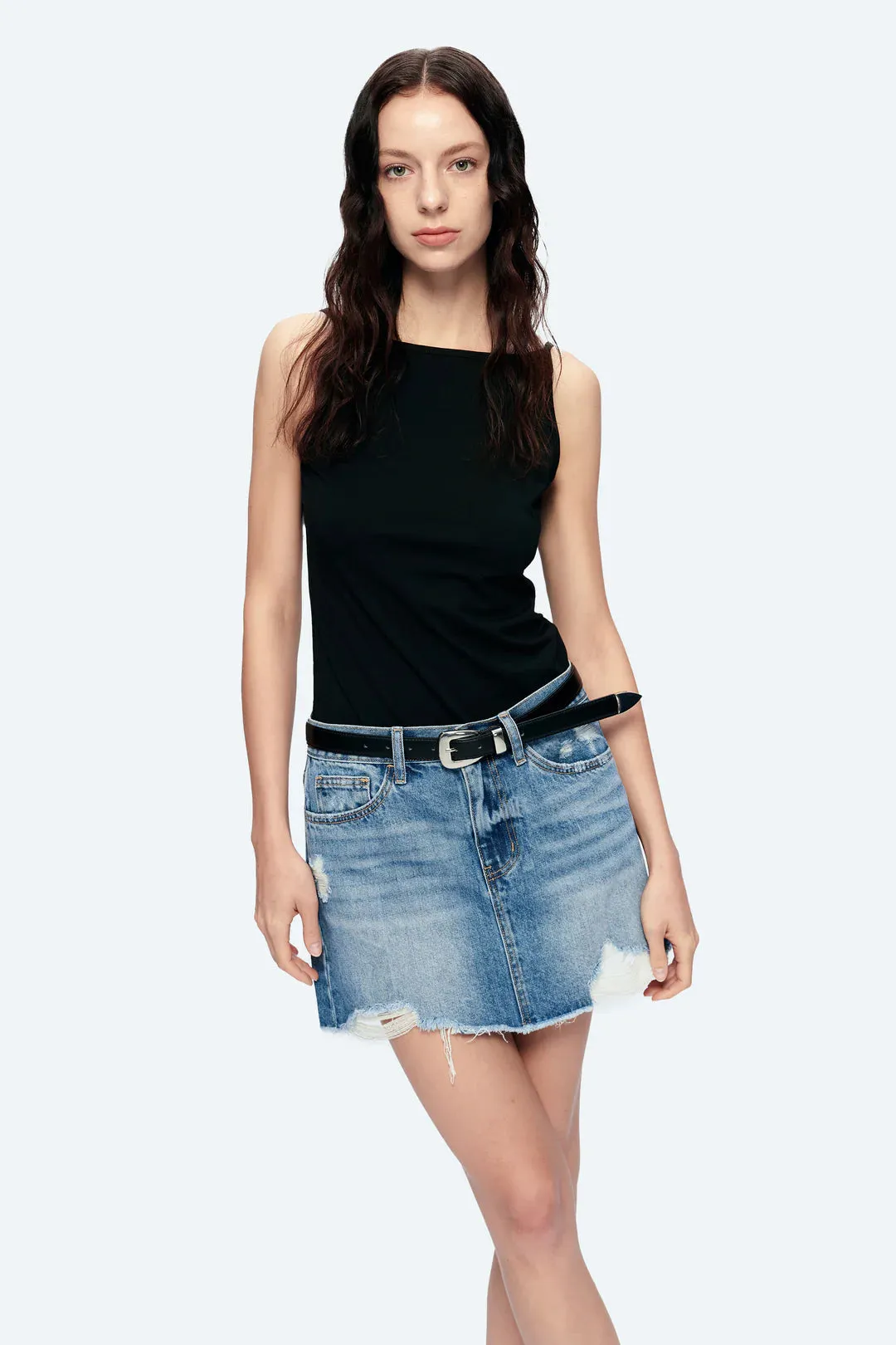 Bayeas Anna Distressed Mini Denim Skirt  Medium Blue