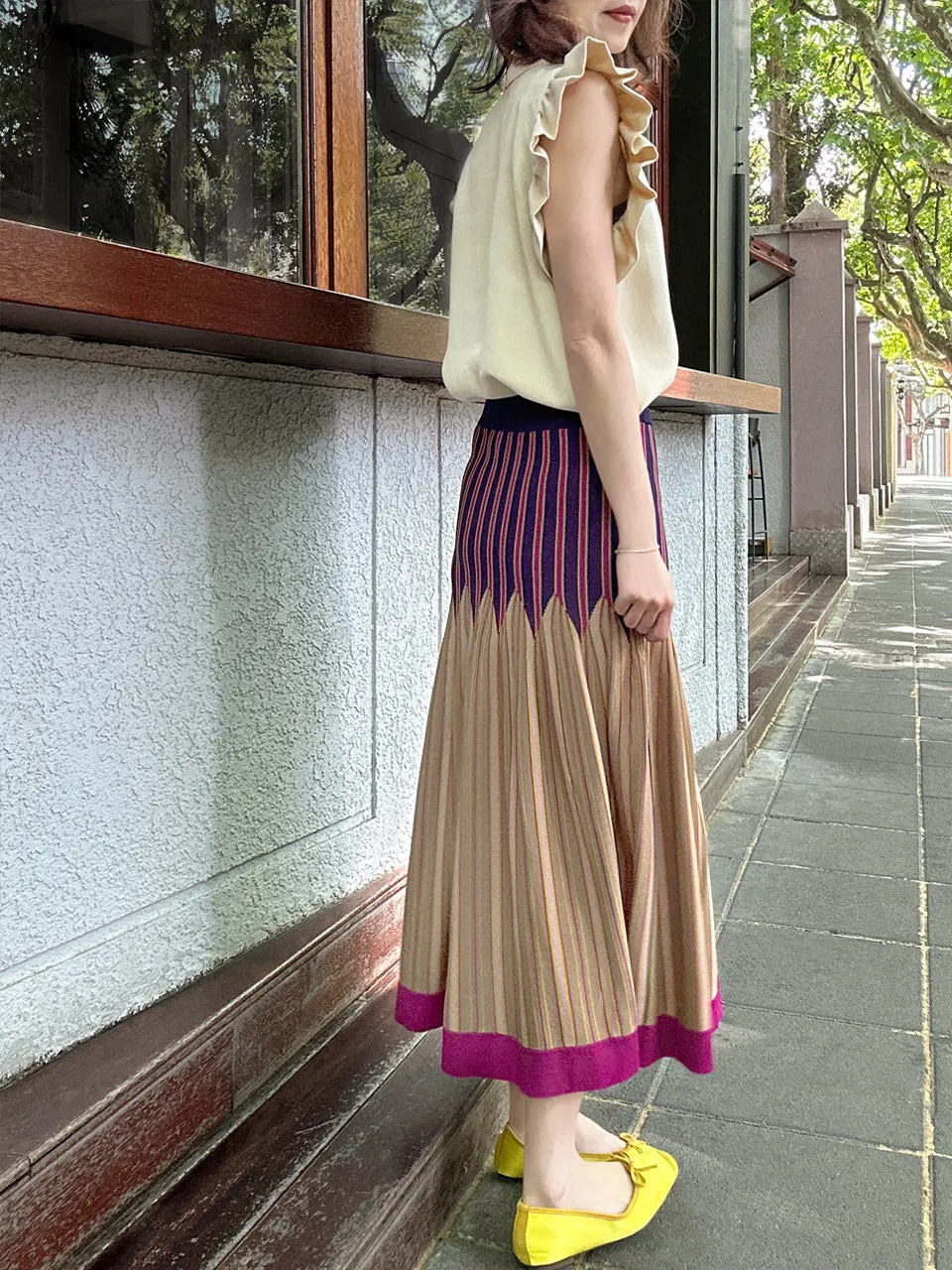 Colourful Stripes Summer Knit Fit & Flare Midi Skirt