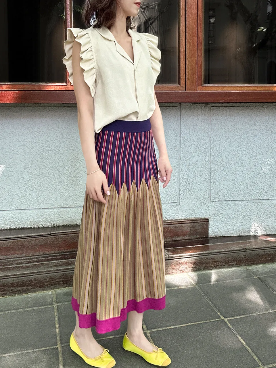 Colourful Stripes Summer Knit Fit & Flare Midi Skirt