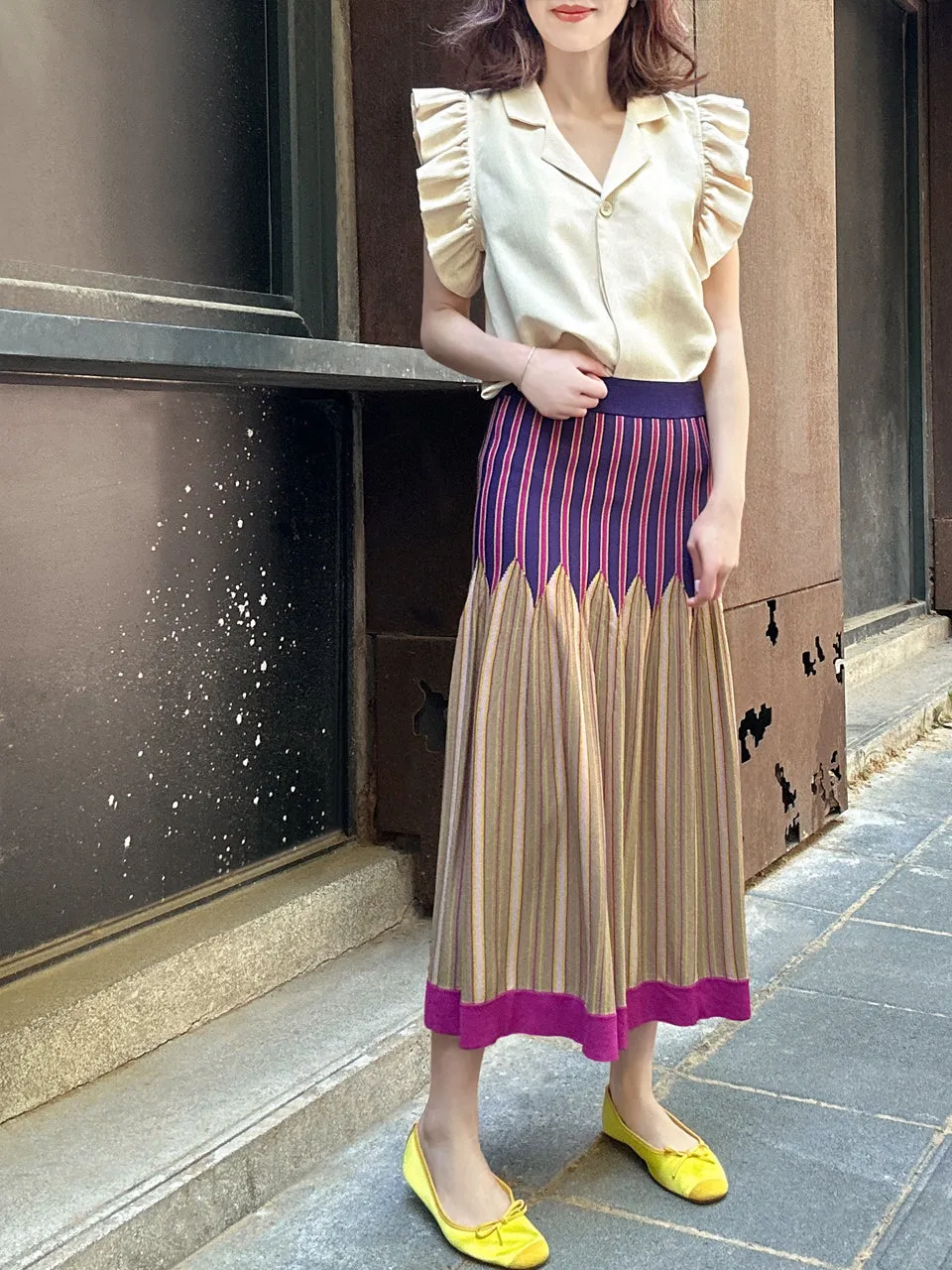 Colourful Stripes Summer Knit Fit & Flare Midi Skirt