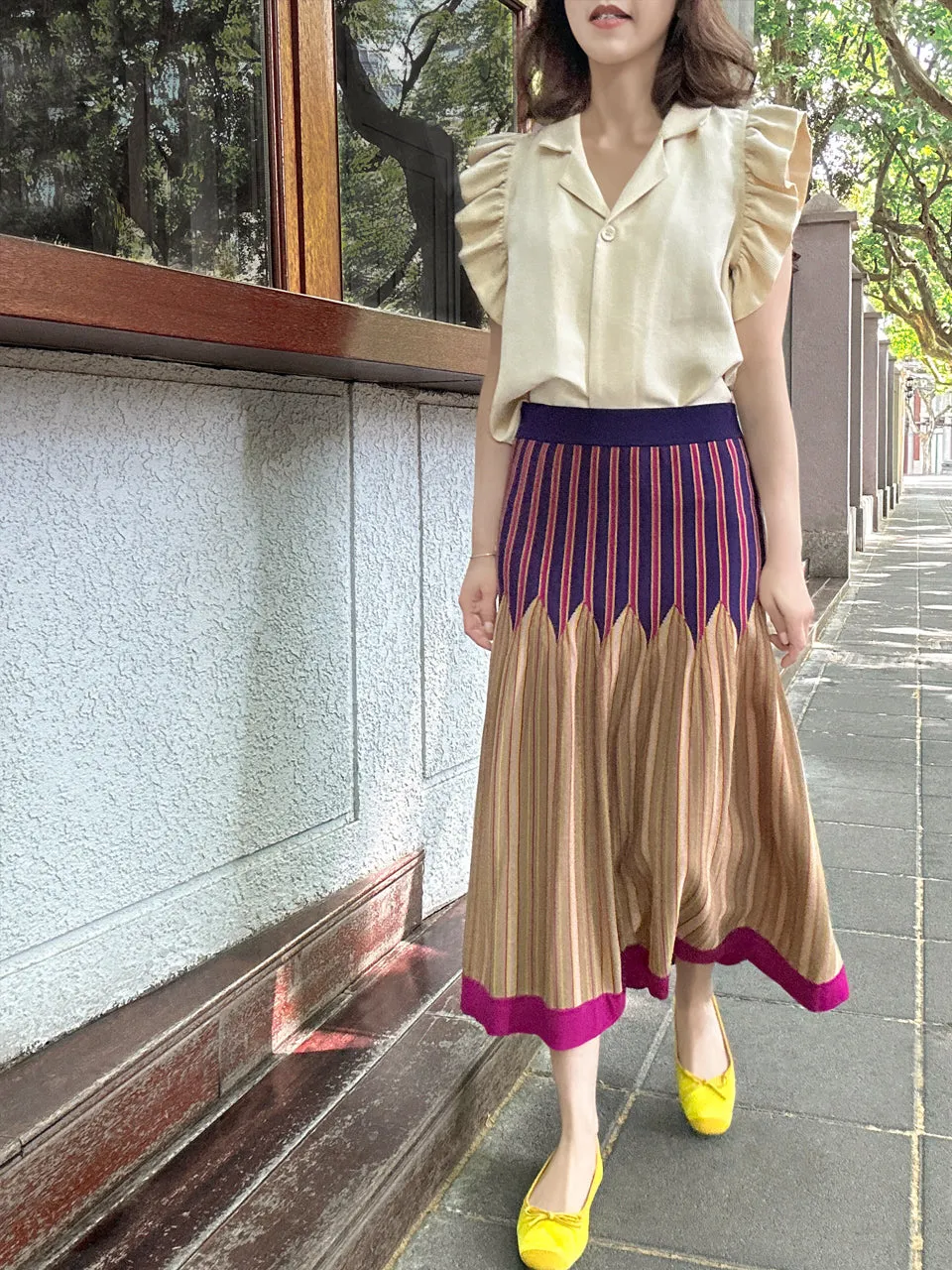 Colourful Stripes Summer Knit Fit & Flare Midi Skirt