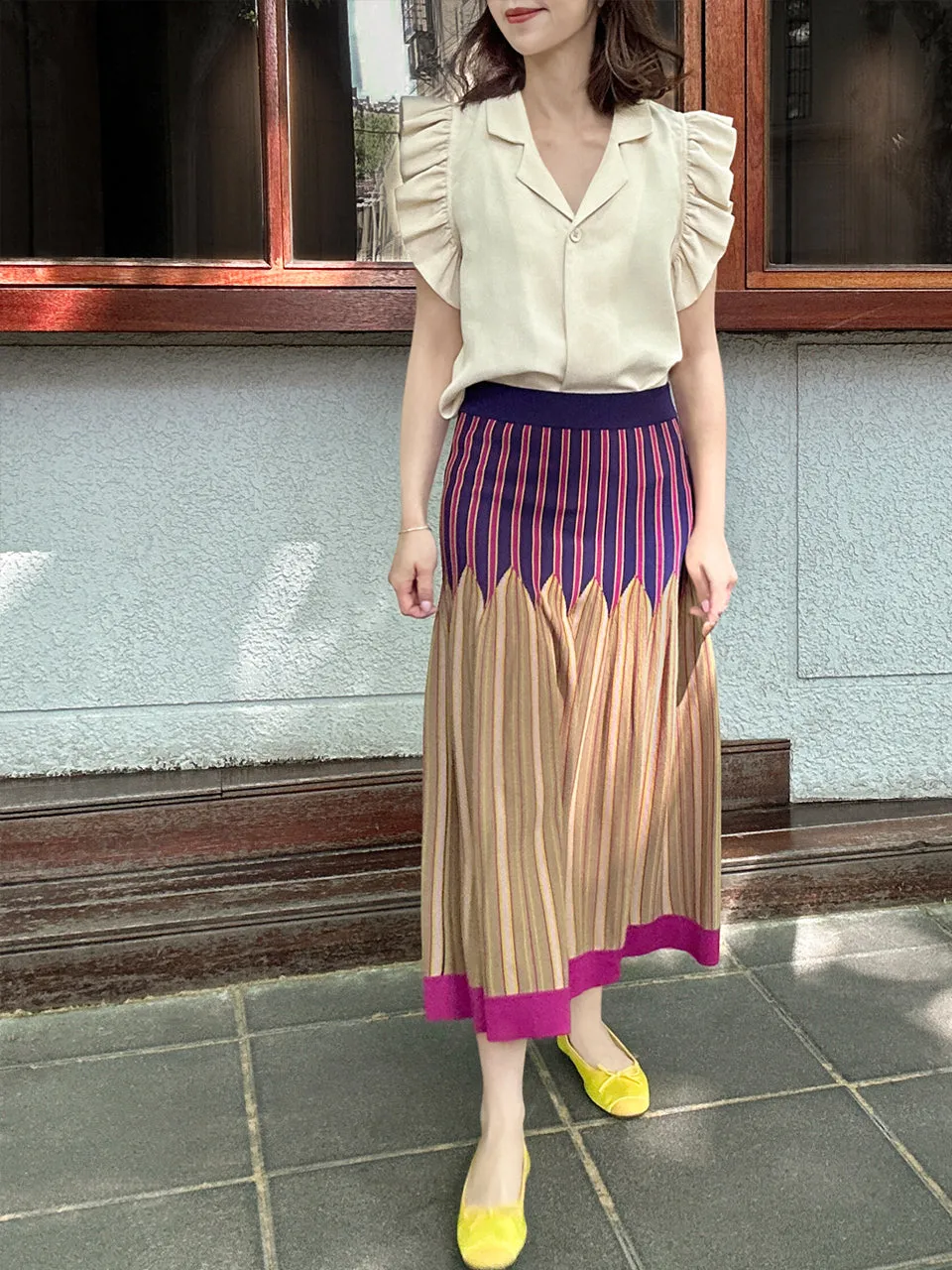 Colourful Stripes Summer Knit Fit & Flare Midi Skirt