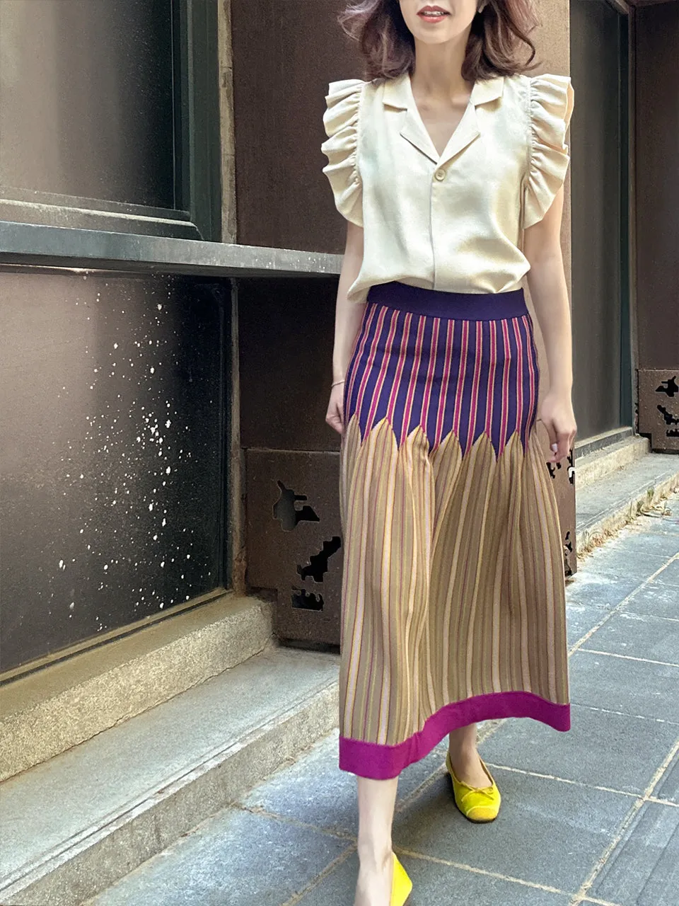 Colourful Stripes Summer Knit Fit & Flare Midi Skirt