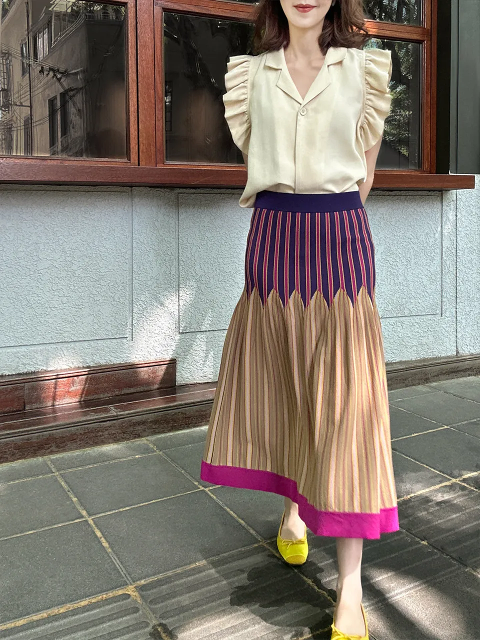 Colourful Stripes Summer Knit Fit & Flare Midi Skirt