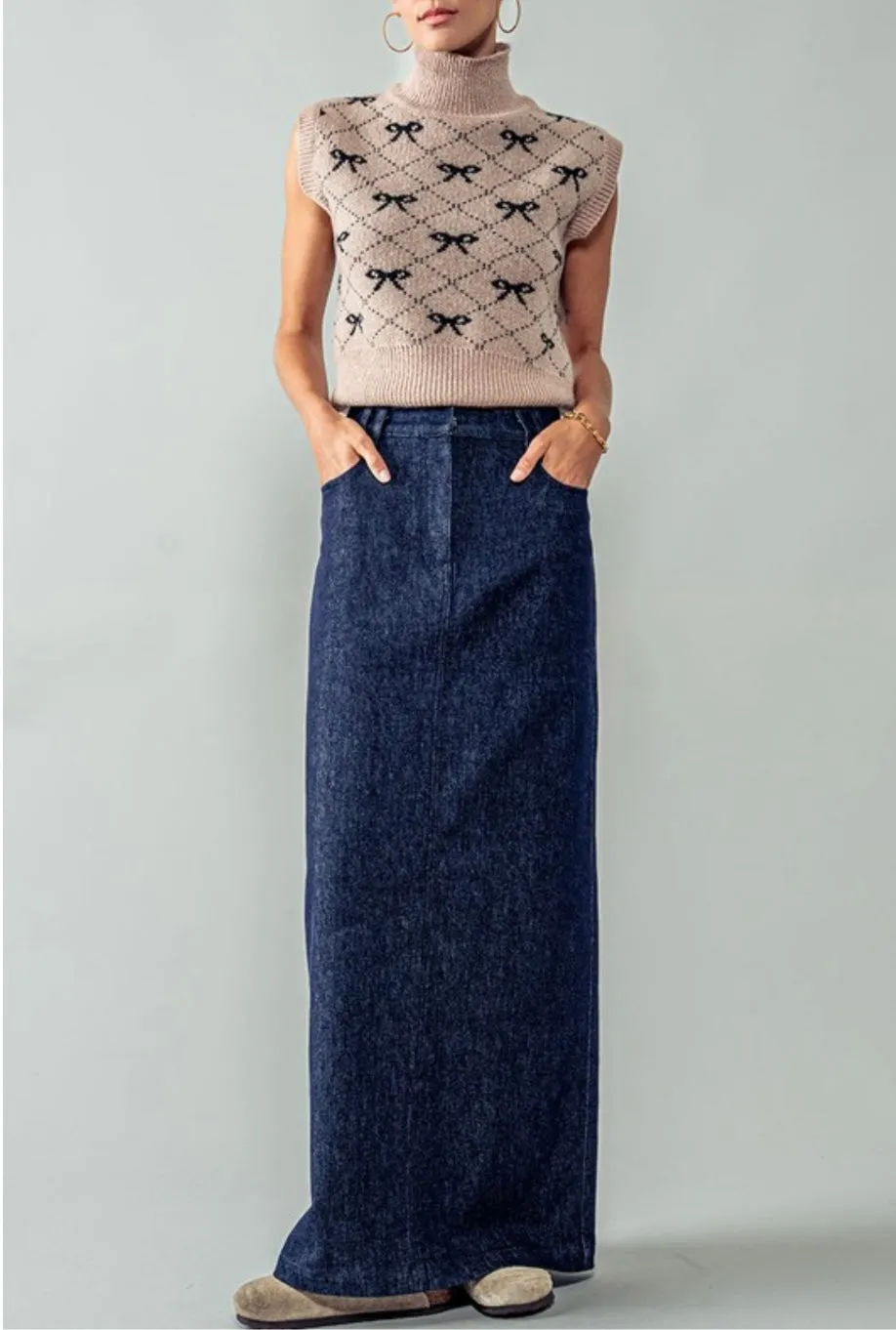 Denim Back Slit Maxi Skirt - New 