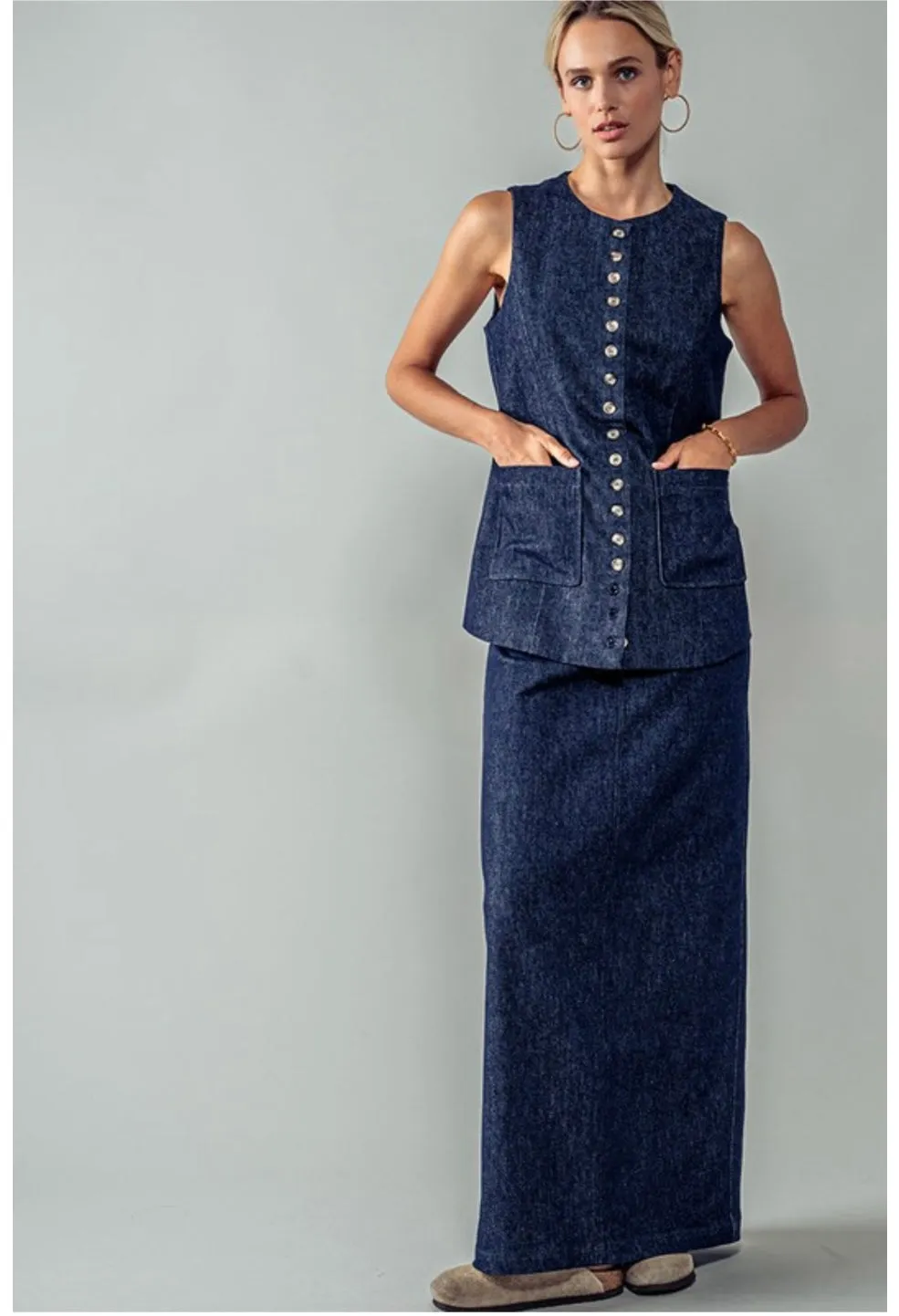 Denim Back Slit Maxi Skirt - New 