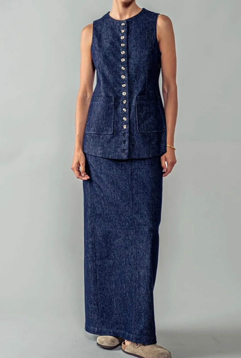 Denim Back Slit Maxi Skirt - New 