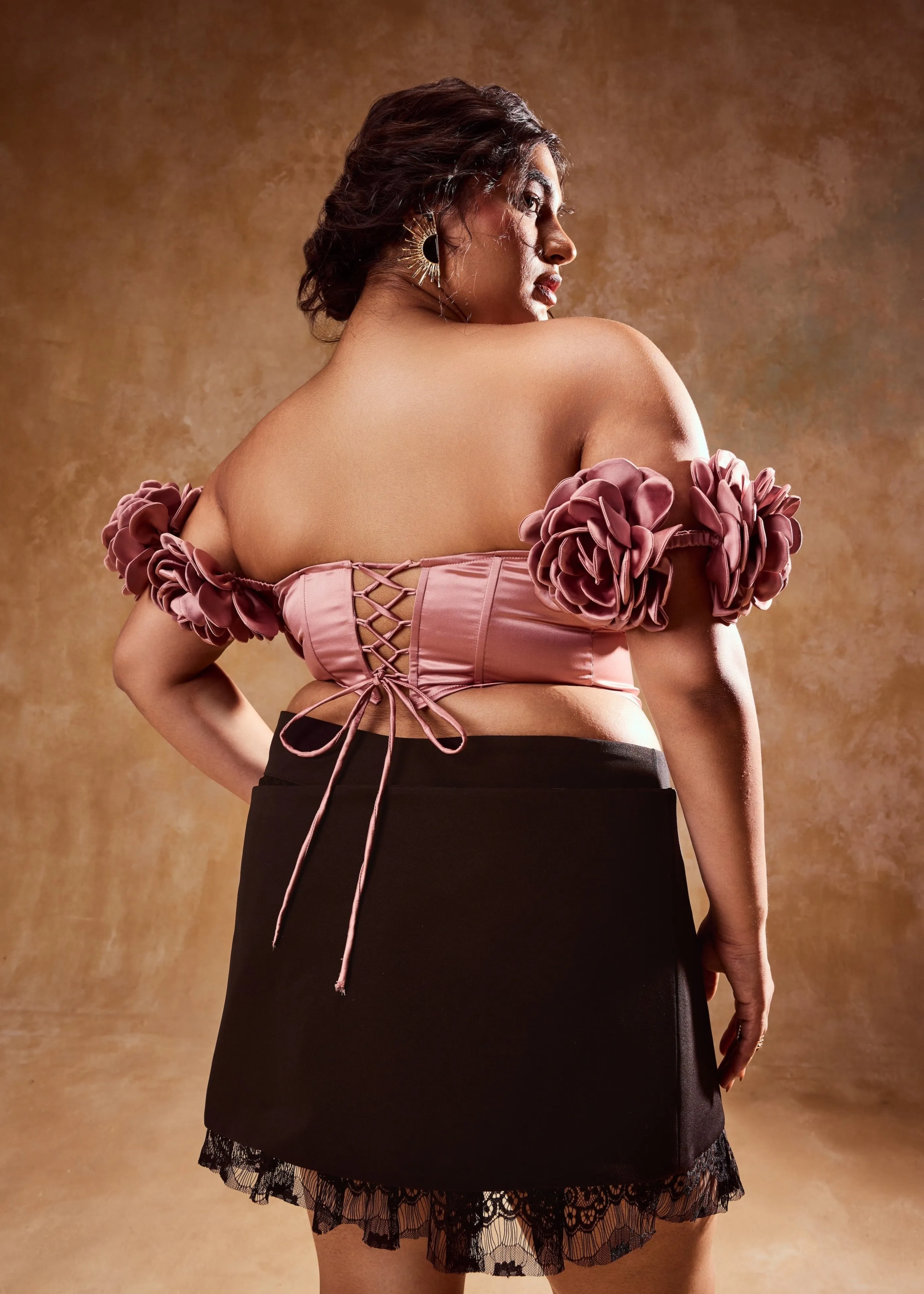 Embla Mauve Off-Shoulder Top and Black Mini Skirt