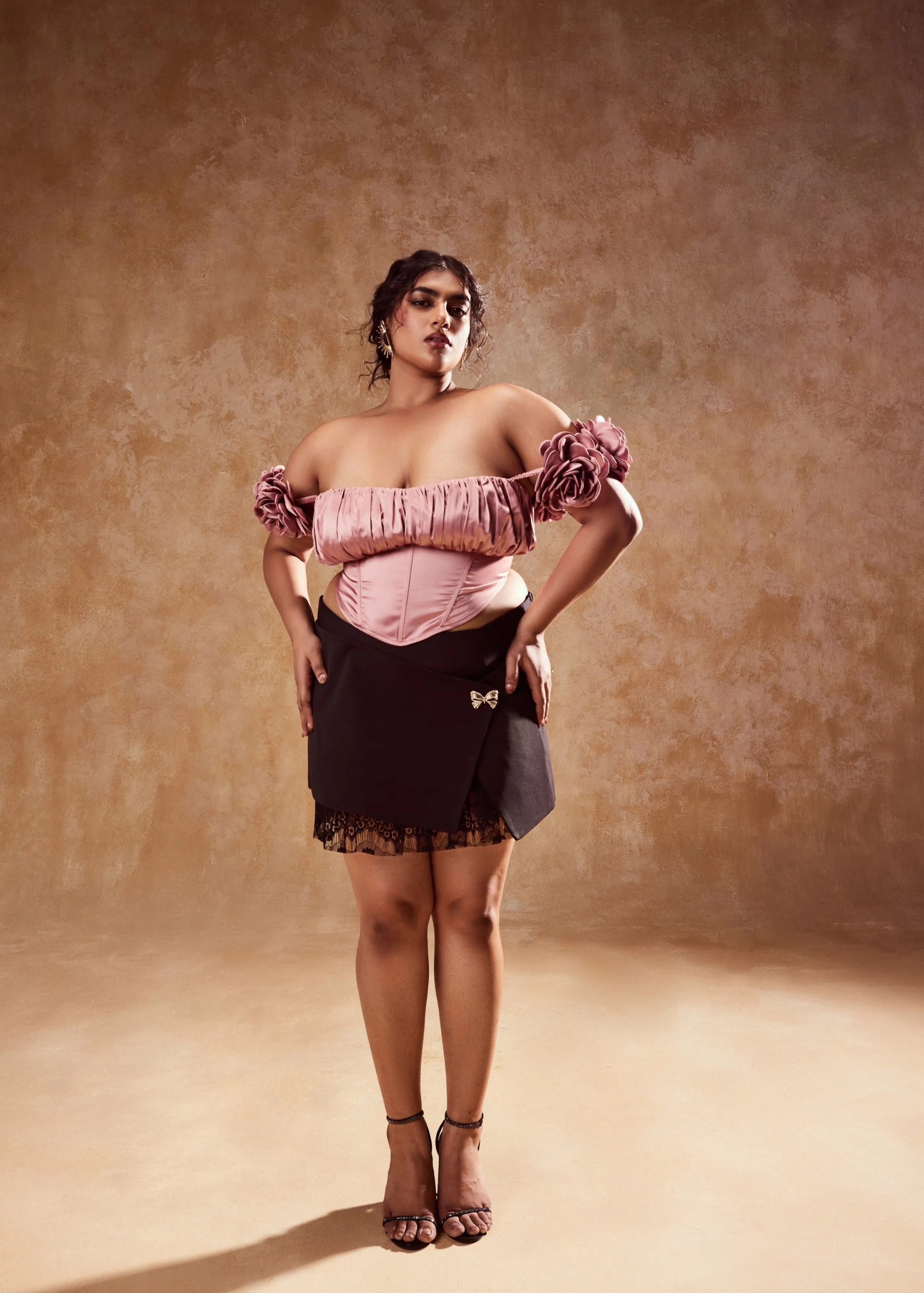 Embla Mauve Off-Shoulder Top and Black Mini Skirt