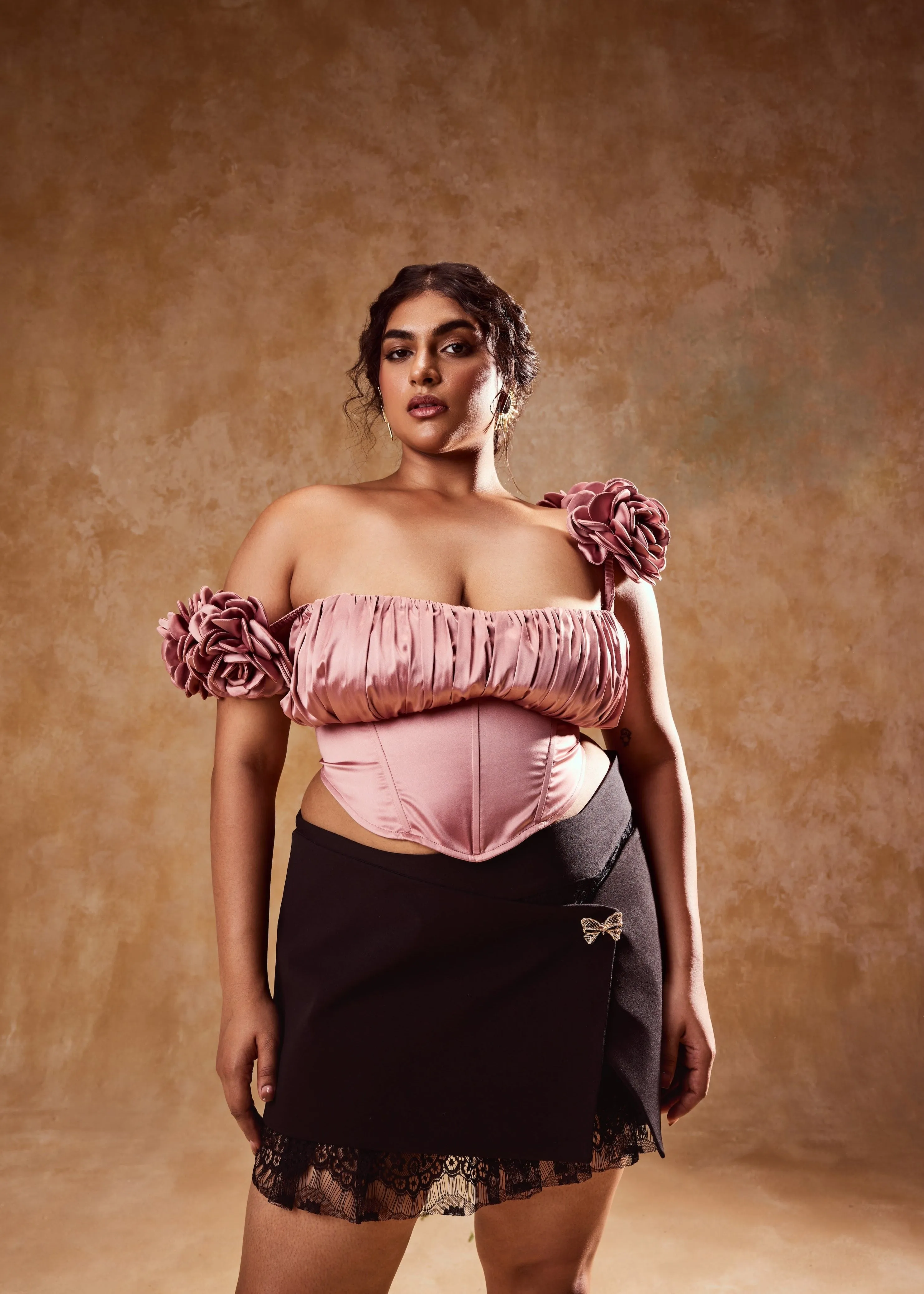Embla Mauve Off-Shoulder Top and Black Mini Skirt