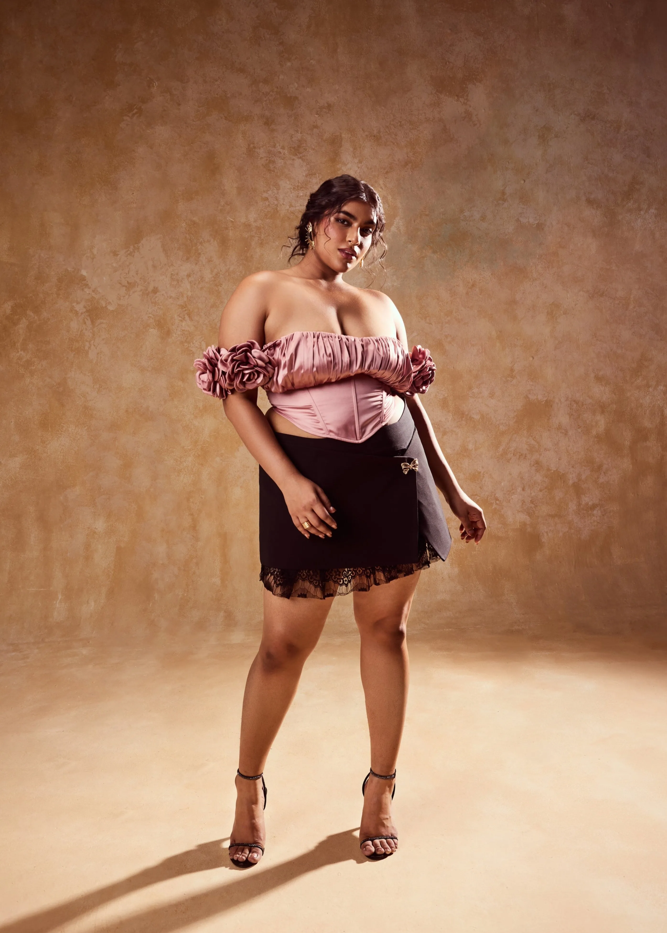 Embla Mauve Off-Shoulder Top and Black Mini Skirt