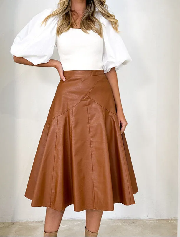 Fashion Mid Length Pleated PU Leather Skirt