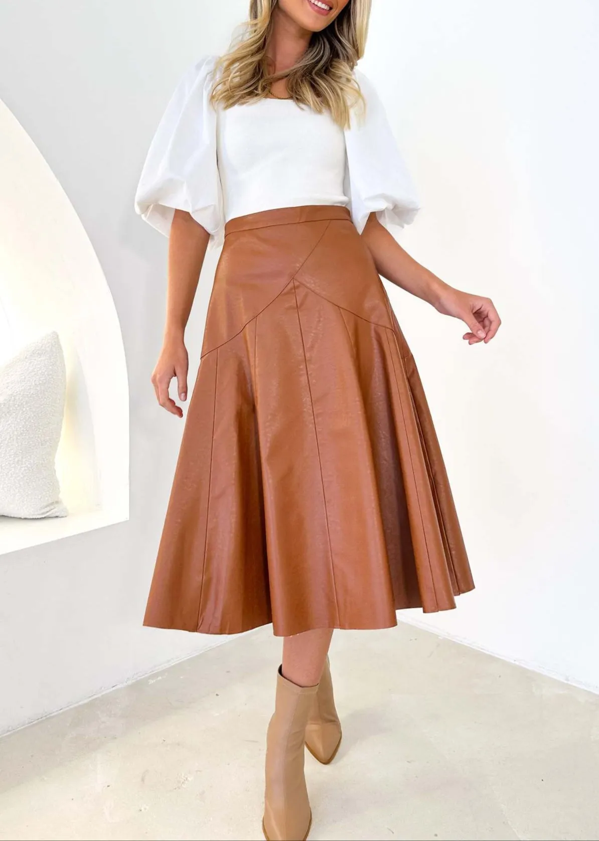 Fashion Mid Length Pleated PU Leather Skirt